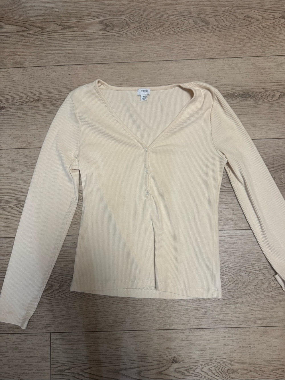 J. Crew Cream Ribbed Long-Sleeve V-Neck Button Top